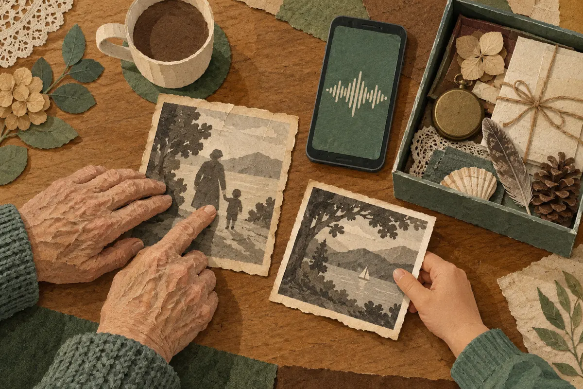 Ilustracja dłoni dziadka i wnuka przy rodzinnych fotografiach oraz telefonie rejestrującym wspomnienia.